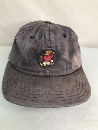 Vintage Polo Sport Ralph Lauren Sit Down Bear Hat Cap Rrl Made In Usa Blue Faded