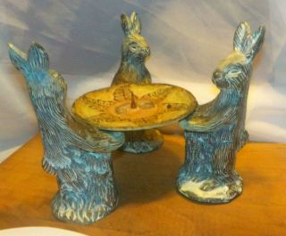 Vintage Trio Of Bunny Rabbits Candle Holder Cast Iron Large Heavy & Sturdy