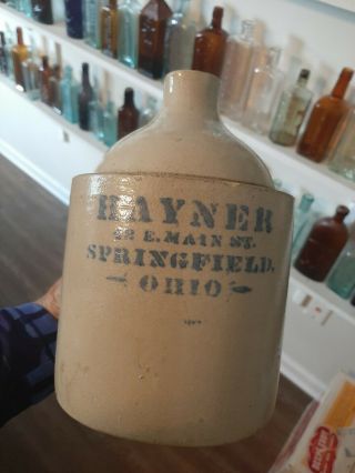 Pre Pro Hayner Whiskey Jug Springfield,  Ohio Blue Stencil Early Stoneware Whiske