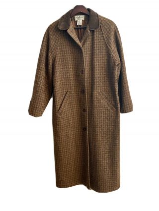 Vtg L.  L.  Bean Womens L Brown Plaid Wool Tweed Long Coat Duster Suede Collar Usa