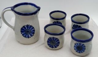 Vintage Ken Edwards El Palomar Guadalajara Flower Blue Pottery Pitcher & Cups