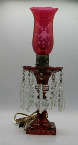 Vintage Ruby Glass Mantle / Table Hurricane Lamp,  Shade W/ Etched Design