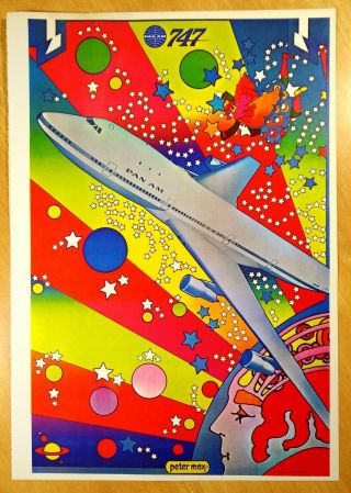 Pan Am 747 Peter Max Poster 1970 Psychedelic Pop Art 11x16 Vivid Colors Vintage