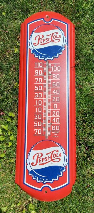 Vintage Pepsi Cola Large Advertising Thermometer Classic Metal Collectible Red