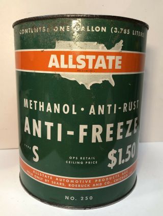 Vtg 50s Allstate Anti - Freeze Oil 1 Gallon Oil Can Tin Pricer $1.  50 Sears Roebuck