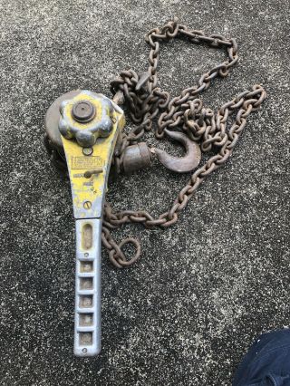 Vintage Tugit Hoist / Come Along / Chain Puller — 1 Ton Ratchet W/ Hook — Yellow