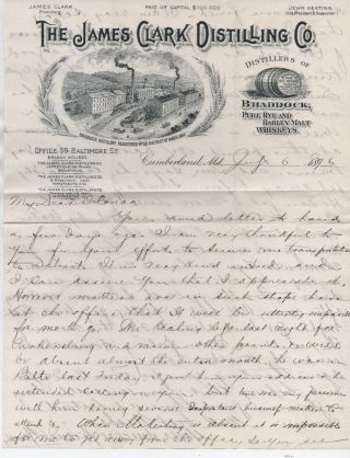 1896 Letterhead & Letter With Factory James Clark Distilling Co Cumberland Md