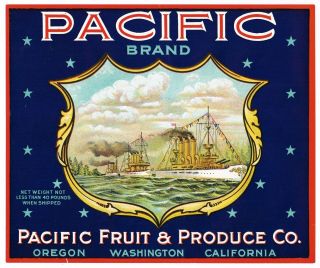 Apple Crate Label 1920s Pacific Battleship White Fleet Californa Wa Oregon