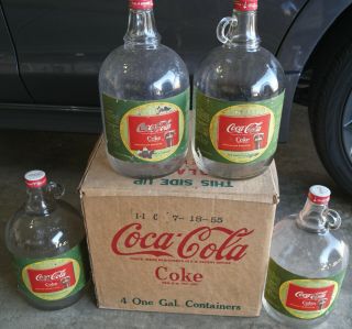 1955 Case Of 4 Coca Cola 1 Gallon Syrup Glass Bottles W/ Cocaine Removed Labels