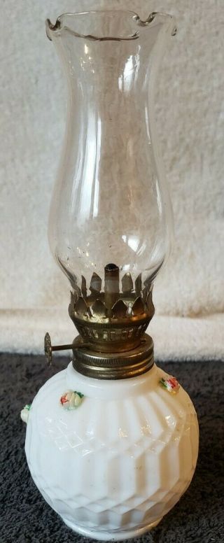 Vintage Oil Lamp Miniature Milk White Glass W/raised Roses Clear Chimney Wick