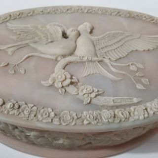 Vintage Oval Velvet Lined Incolay Carved Stone Jewelry Trinket Box Doves Pink
