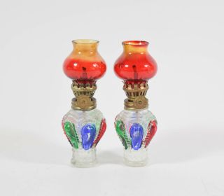 Set Of 2 Vintage Hong Kong Colorful Red Shade Glass 4.  5 " Mini Kerosene Oil Lamps