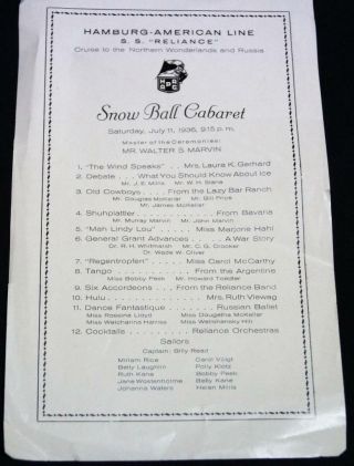 Hamburg American Line Ss Reliance Snow Ball Cabaret Show Brochure 1936 Vintage