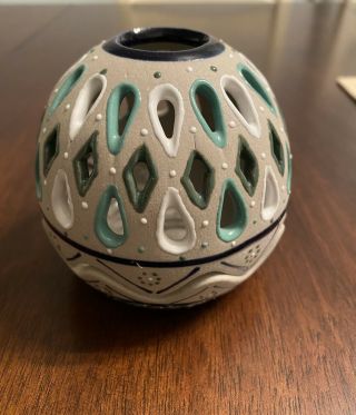 Javier Servin Mexico Hand Painted Art Pottery Tea Light Holder Intricate Design