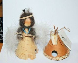 2 Ojibwe Indian Birchbark Basket Teepee Doll Angel Ornament Native American Mini