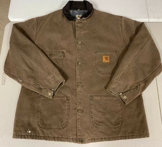 Vtg Carhartt Choc Brown Button Up Chore Coat With Blanket Lining Made In Usa Xl