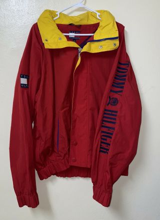 Vintage 90s Tommy Hilfiger Sleeve Spell Out Flag Patch Jacket Red Size Xl