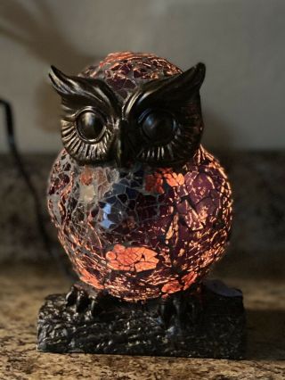 Mosaic Owl Night Light Stained Glass Table Lamp Bronze 6.  5”