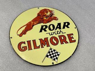 12in Roar With Gilmore Porcelain Enamel Sign Oil Gas Pump Plate