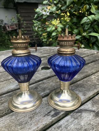 Vintage Mini Oil Lamps Blue Glass X 2