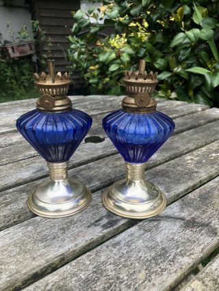 Vintage Mini Oil Lamps Blue Glass X 2 2