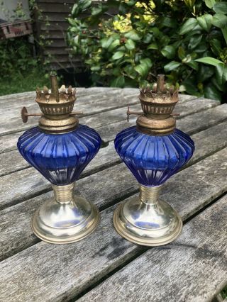 Vintage Mini Oil Lamps Blue Glass X 2 3