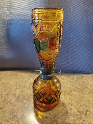Vintage Faux Stained Glass Mini Kerosene Oil Lamp 8 1/2 "