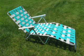 Vintage Aluminum Folding Webbed Webbing Chaise Lounge Lawn Chair Teal White