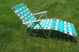 VINTAGE ALUMINUM Folding Webbed Webbing chaise lounge LAWN CHAIR Teal White 2