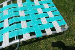 VINTAGE ALUMINUM Folding Webbed Webbing chaise lounge LAWN CHAIR Teal White 3