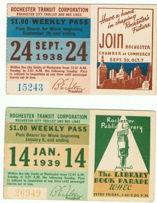 Railway Tram Tickets U S A,  2 No.  Rochester Transit Corporation,  Ny,  1938/9 Weekly