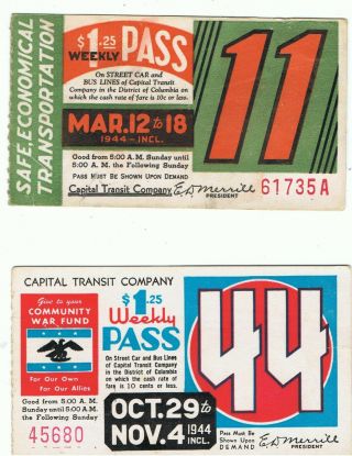 Railway Tram Tickets U S A,  2 No.  Capital Transit Co. ,  Washington D C,  1944