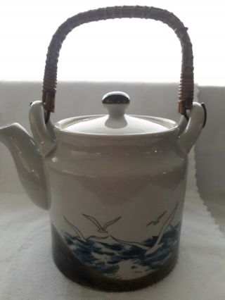Otagiri Japanese Teapot.  Speckled Stoneware.  Handcrafted Beach Scene. 2