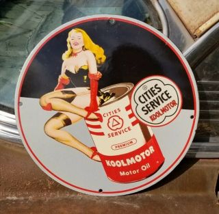 Heavy Old Cities Service Koolmotor Can Porcelain Sign Gas Oil Blonde Heels Up