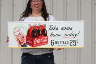 Coca Cola 6 Bottles 25c Soda Pop Gas Station 28 " Embossed Metal Sign