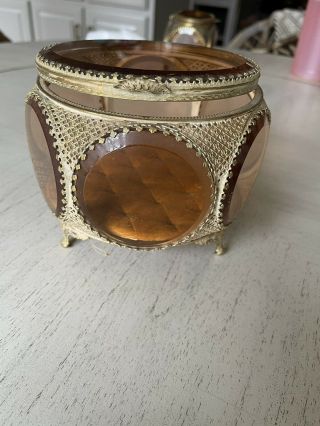 Vintage Brass Ormolu Beveled Glass Jewelry Box Display Curio Case 6 Sided
