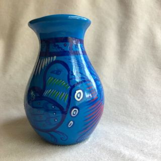 Mexican Folk Art Pottery Vase Blue Birds And Flowers,  5.  5 " Tall,  Signed