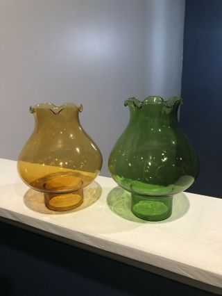 2 Vintage Glass Oil Kerosene Lamp Shades Green & Amber 6.  25” Tall