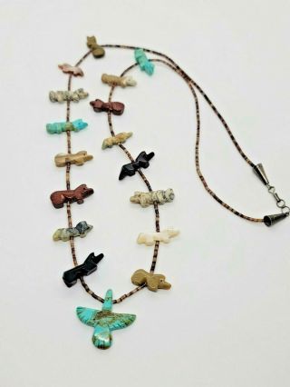 Vintage Hopi Carved Animal Fetish Necklace 28 " Thunderbird Centerpiece Ss Caps