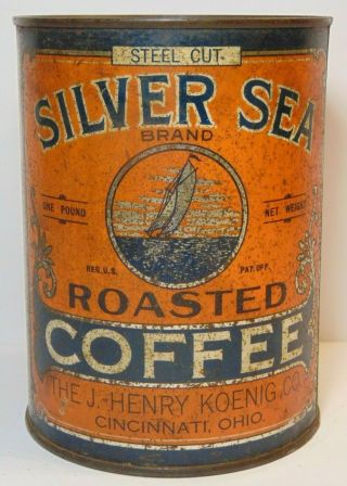 Vtg 1920s Silver Sea Coffee Tin Sailing Graphic Tall 1 Pound Can Cincinnati Ohio