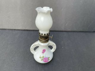 Miniature Oil Lamp Milk Glass Shade Porcelain Base Rose Pattern 5 " H