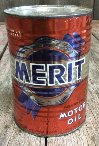 Nos Vintage 1qt Merit Motor Oil Tin Can Gas & Oil Advertising