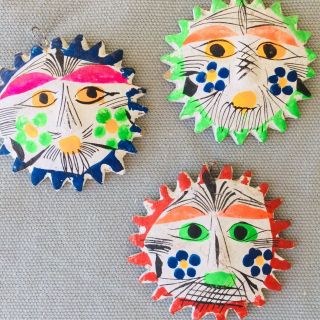 Vintage White Pottery Suns Mexican Folk Art Wall Hanging Or Christmas Ornaments