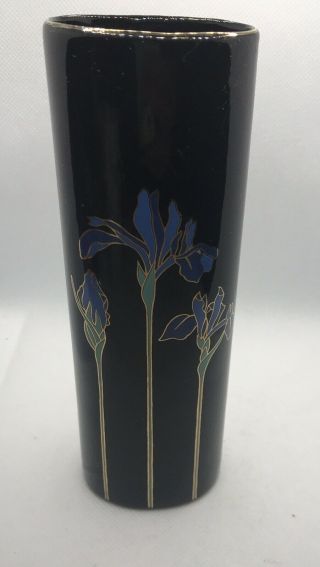 Vintage - Blue Iris - Otagiri Japan Oval Vase Black With Gold Trim 7 "