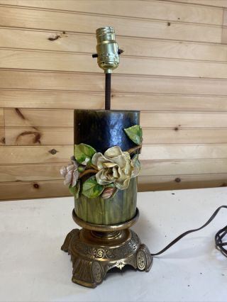 Vintage Ceramic Table Lamp 3d Floral Pink Roses Green Leaves Gold Accents