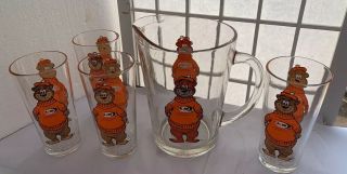 Vintage A&w The Great Root Bear 56oz Pitcher & 4 16oz Glasses Pristine
