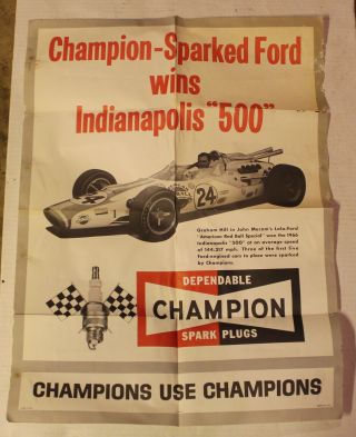 1960s Champion Spark Plug Indy 500 Poster Advertisement Graham Hill