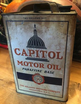 Vintage 2 Gallon Atlantic Capitol Motor Oil Can Paraffine Base Heavy