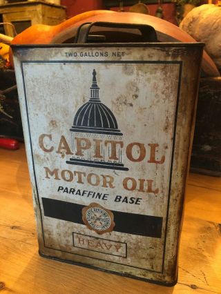 Vintage 2 Gallon Atlantic Capitol Motor Oil Can Paraffine Base Heavy 2