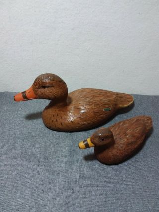 Vtg 1994 Brown 2pc Wooden Mallard Duck Decoy Signed C.  E.  M.  Hand Carved & Painted